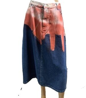 Americana Blues Blue Red Painted Knee Length Denim Skirt Size 20W Retro Gothcore